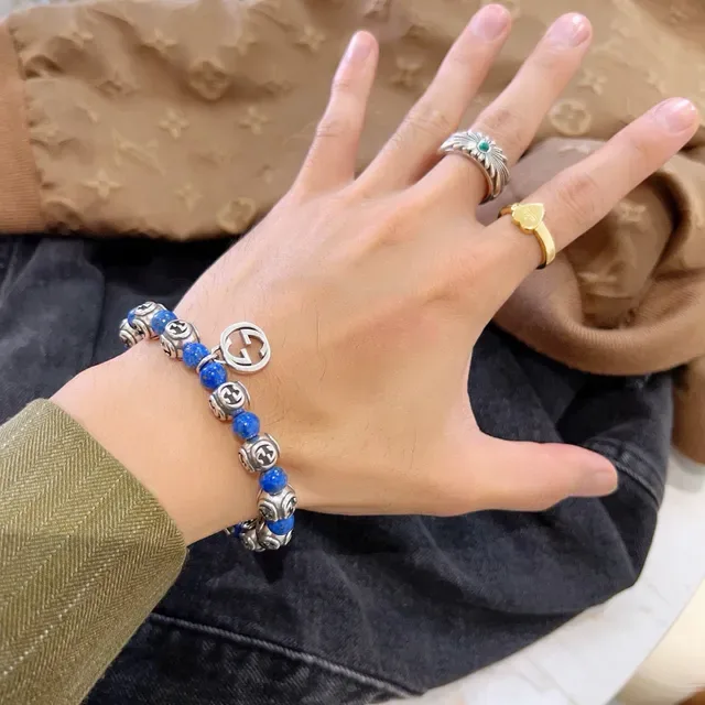 Gucci Blue Silver Beaded Interlocking G Motif Bracelet 8