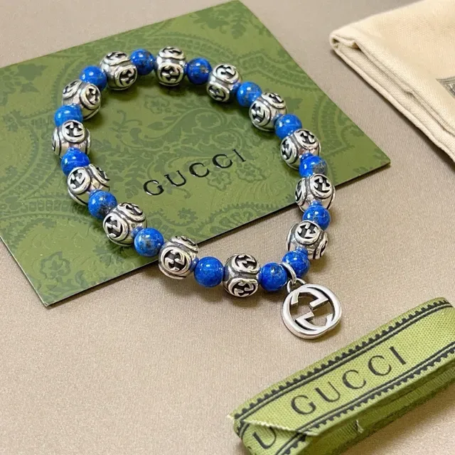 Gucci Blue Silver Beaded Interlocking G Motif Bracelet 9