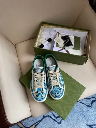 Gucci Blue White Floral-Print Canvas Low-Top Lace-Up Lifestyle Sneakers 4