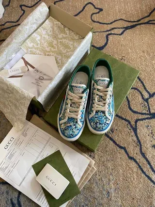Gucci Blue White Floral-Print Canvas Low-Top Lace-Up Lifestyle Sneakers 6