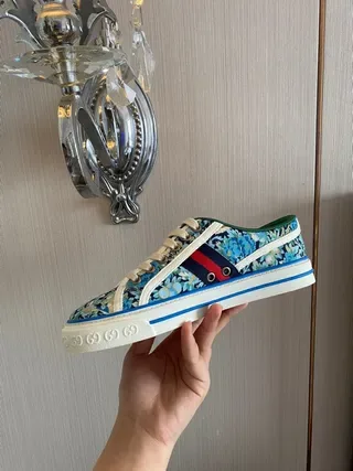 Gucci Blue White Floral-Print Canvas Low-Top Lace-Up Lifestyle Sneakers 8