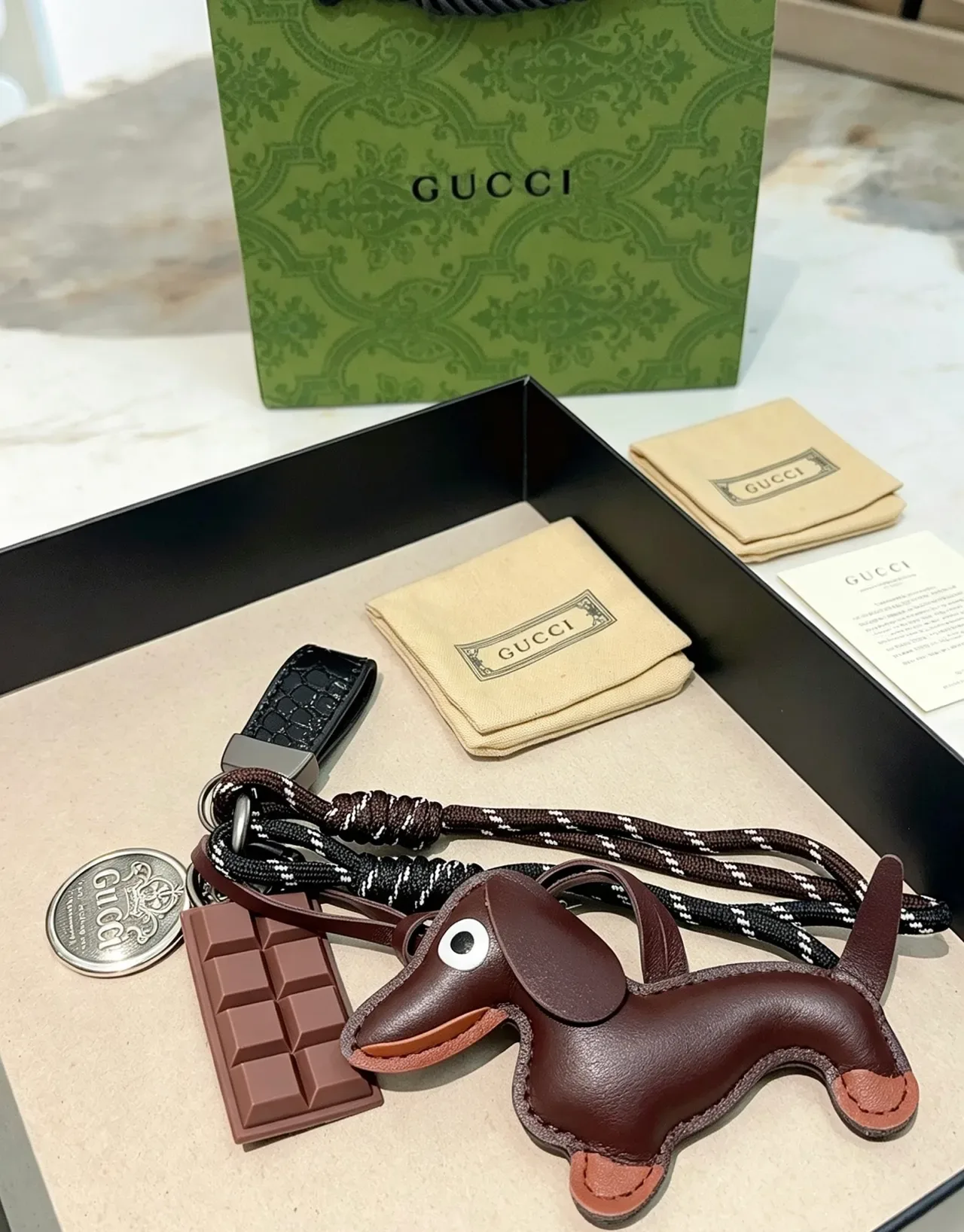 Gucci Brown Black Leather Dachshund Charm Braided Rope Strap Crossbody Bag 4