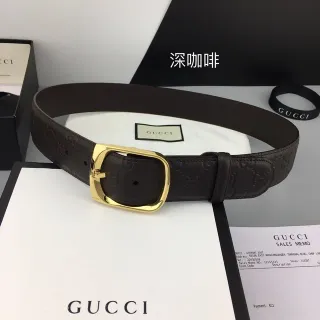 Gucci Brown Gold Embossed GG Monogram Rectangular Buckle Leather Belt
