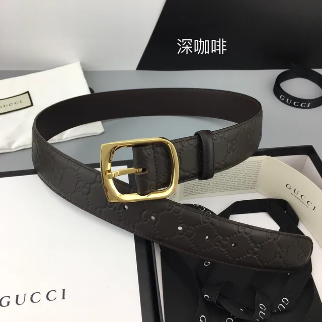 Gucci Brown Gold Embossed GG Monogram Rectangular Buckle Leather Belt 2