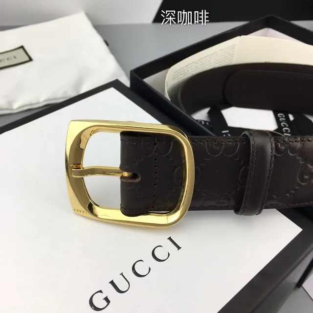 Gucci Brown Gold Embossed GG Monogram Rectangular Buckle Leather Belt 3