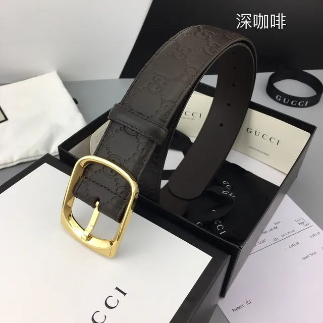 Gucci Brown Gold Embossed GG Monogram Rectangular Buckle Leather Belt 4