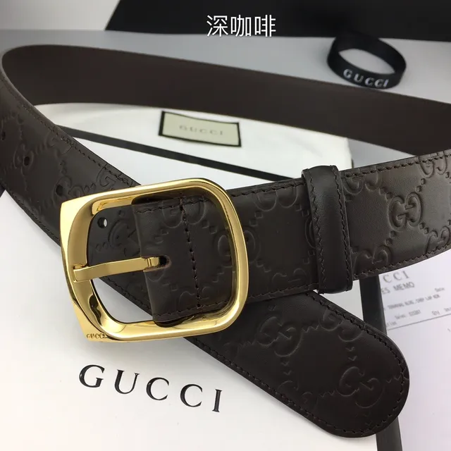 Gucci Brown Gold Embossed GG Monogram Rectangular Buckle Leather Belt 5