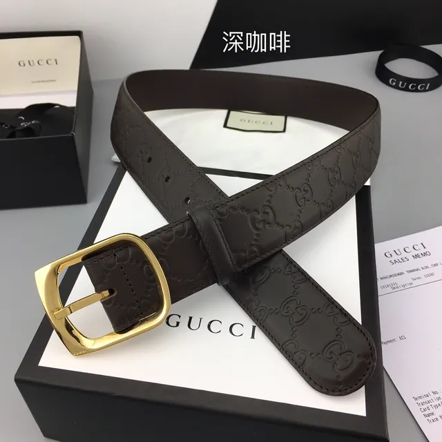 Gucci Brown Gold Embossed GG Monogram Rectangular Buckle Leather Belt 6