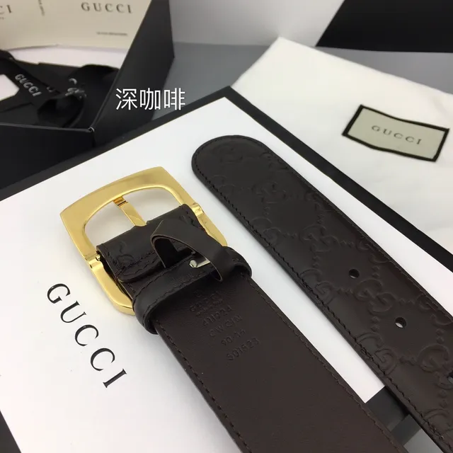 Gucci Brown Gold Embossed GG Monogram Rectangular Buckle Leather Belt 8
