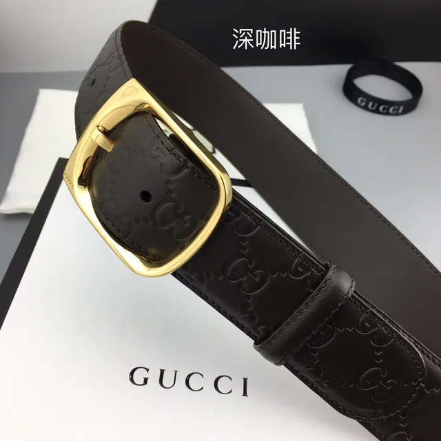 Gucci Brown Gold Embossed GG Monogram Rectangular Buckle Leather Belt 9