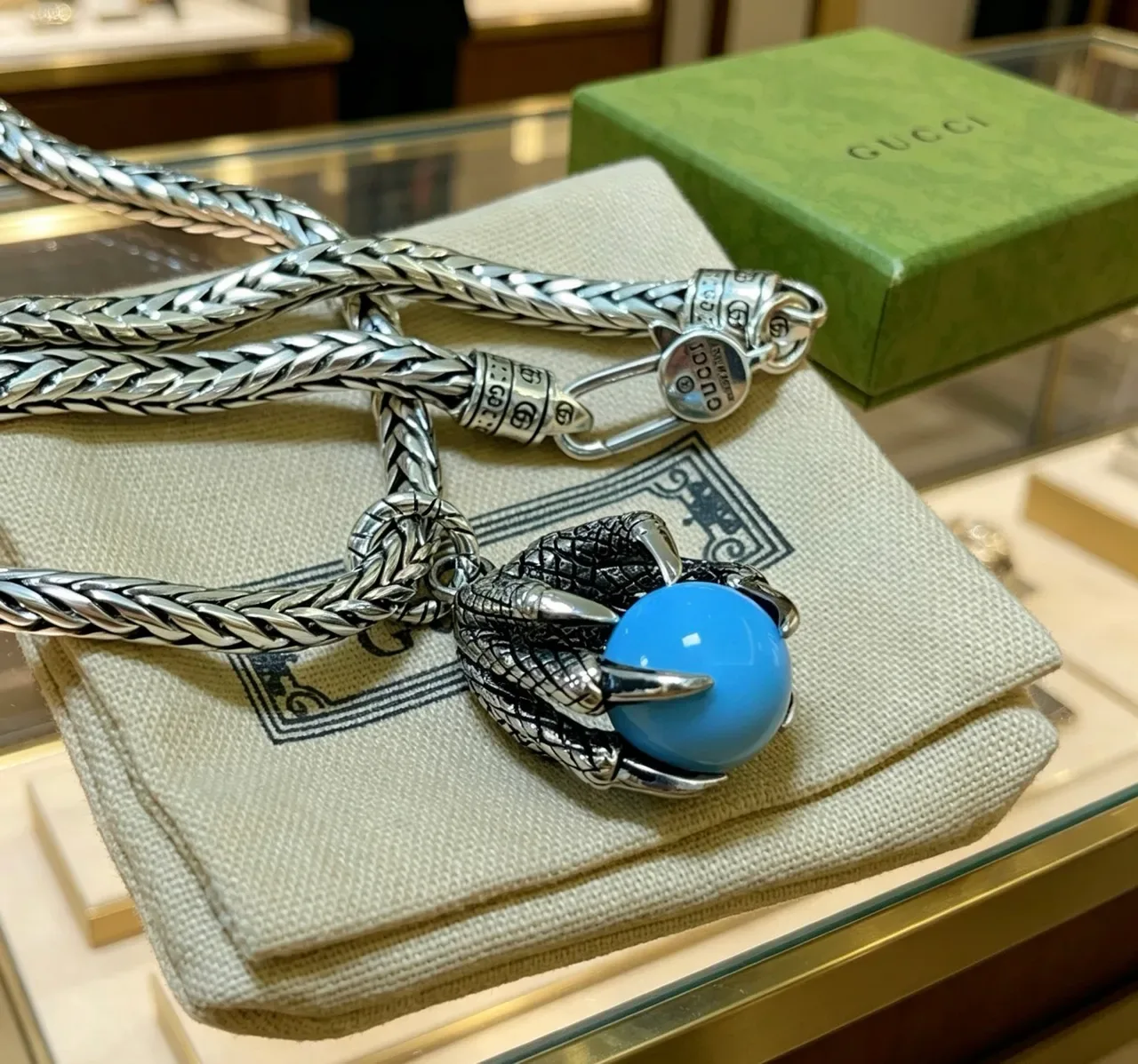 Gucci Claw-Set Turquoise Sphere Braided Chain Necklace 6