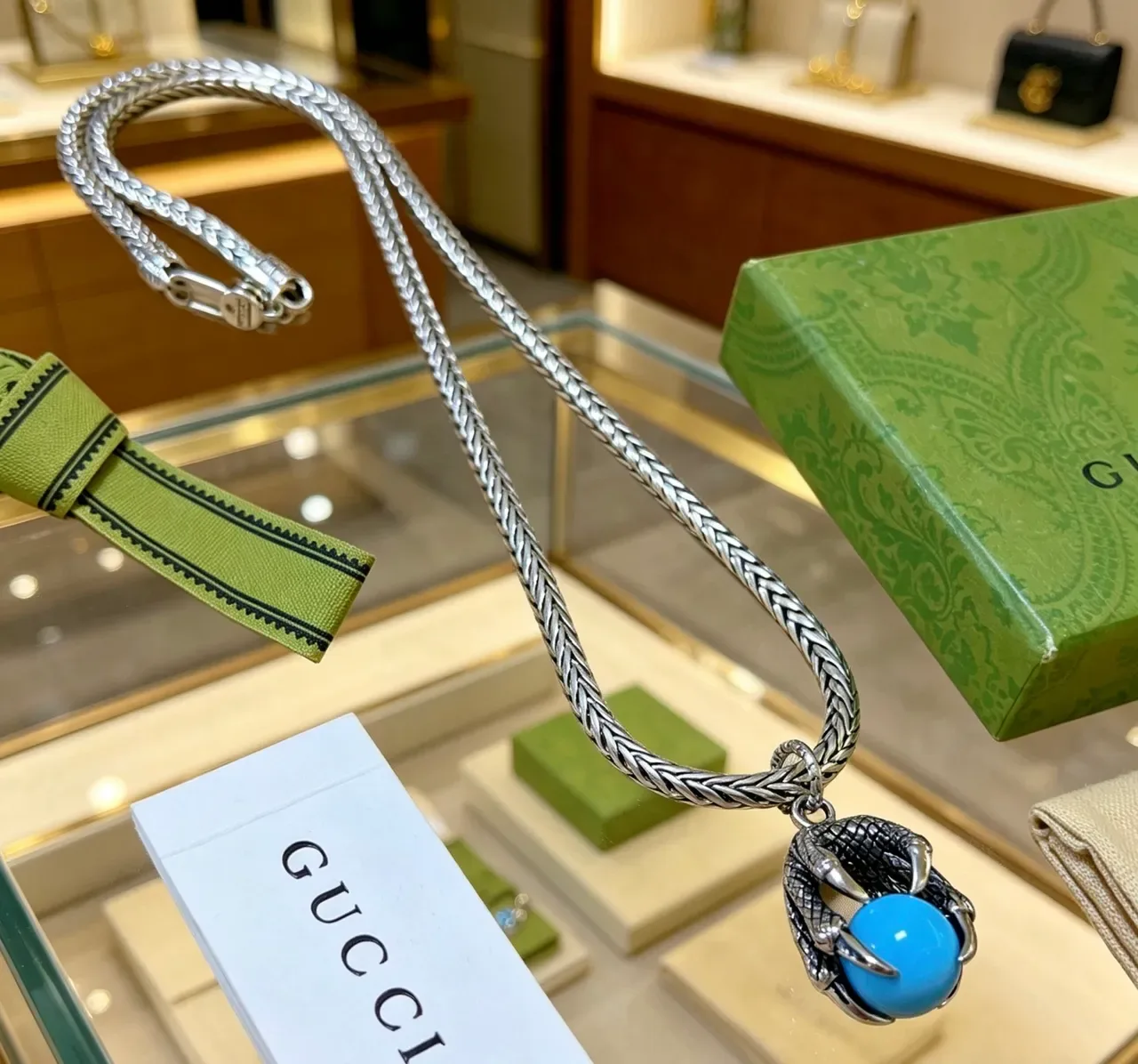 Gucci Claw-Set Turquoise Sphere Braided Chain Necklace 7