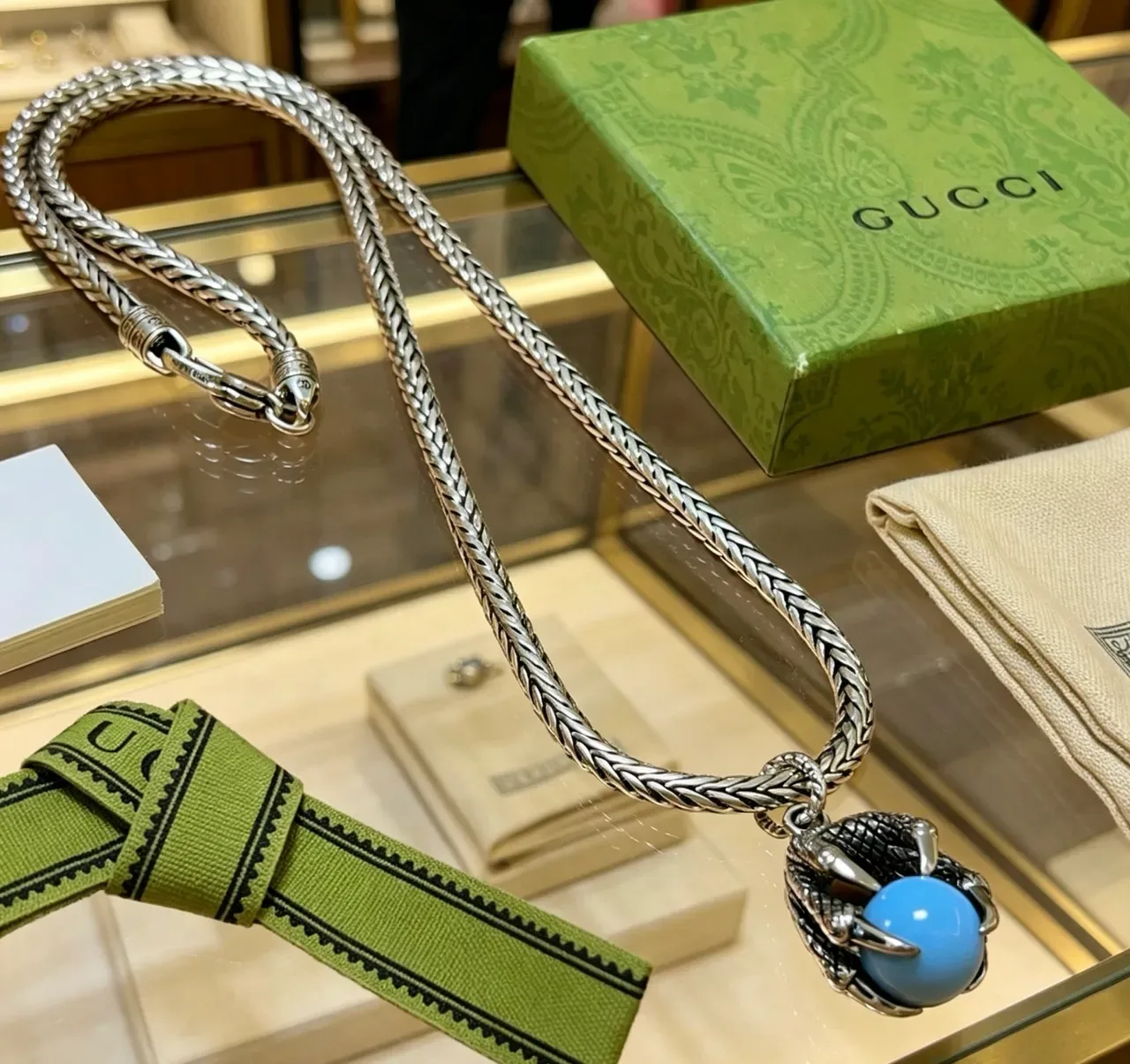 Gucci Claw-Set Turquoise Sphere Braided Chain Necklace 9