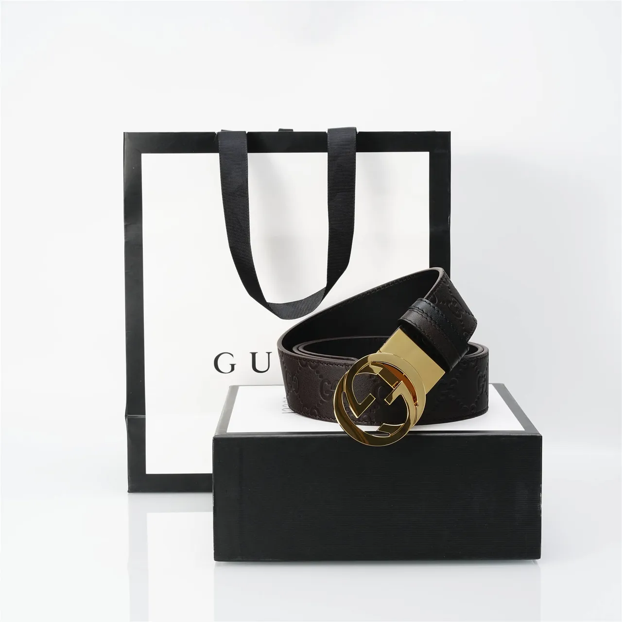 Gucci Double G Brown Gold Embossed GG Monogram Interlocking Buckle Leather Belt 4