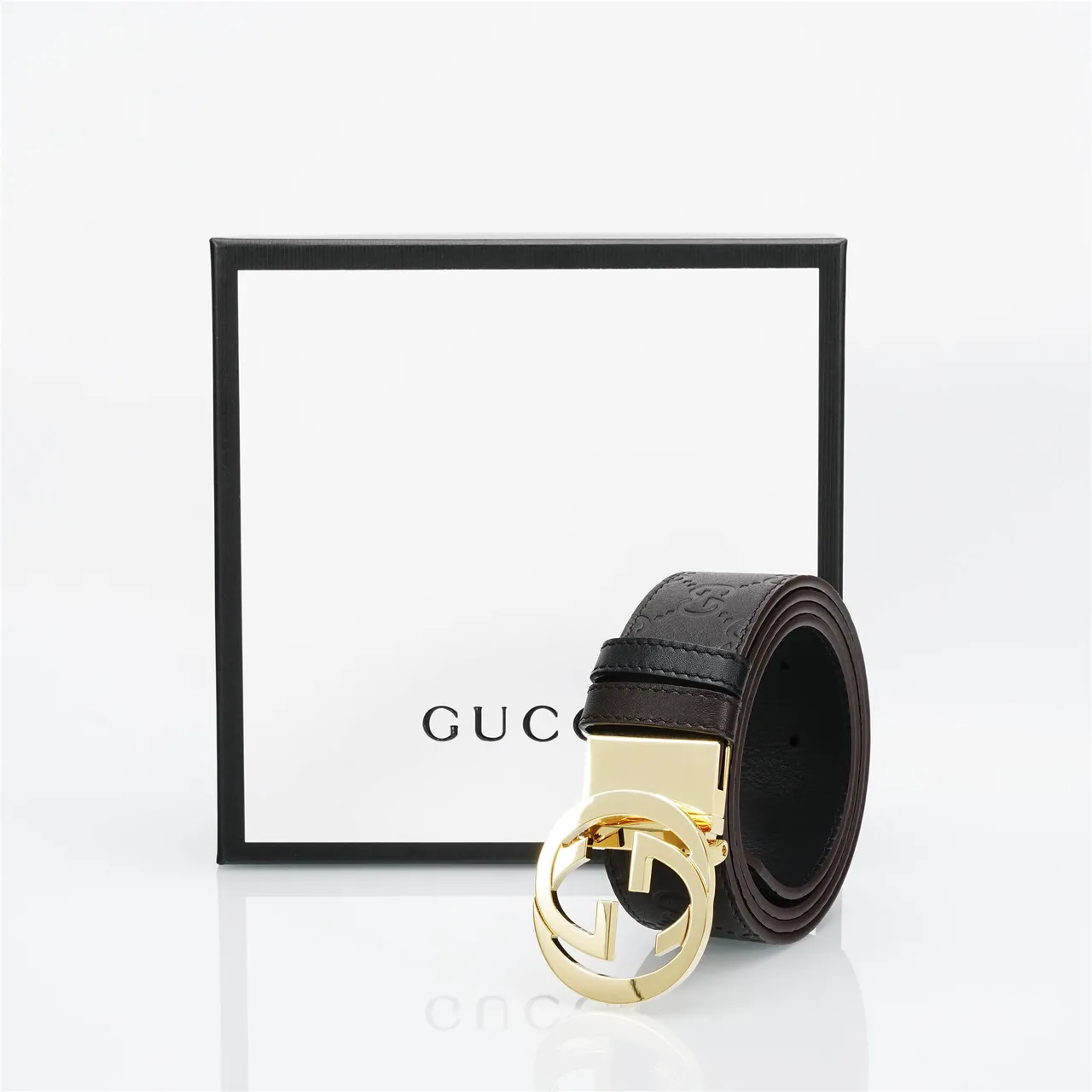 Gucci Double G Brown Gold Embossed GG Monogram Interlocking Buckle Leather Belt 5