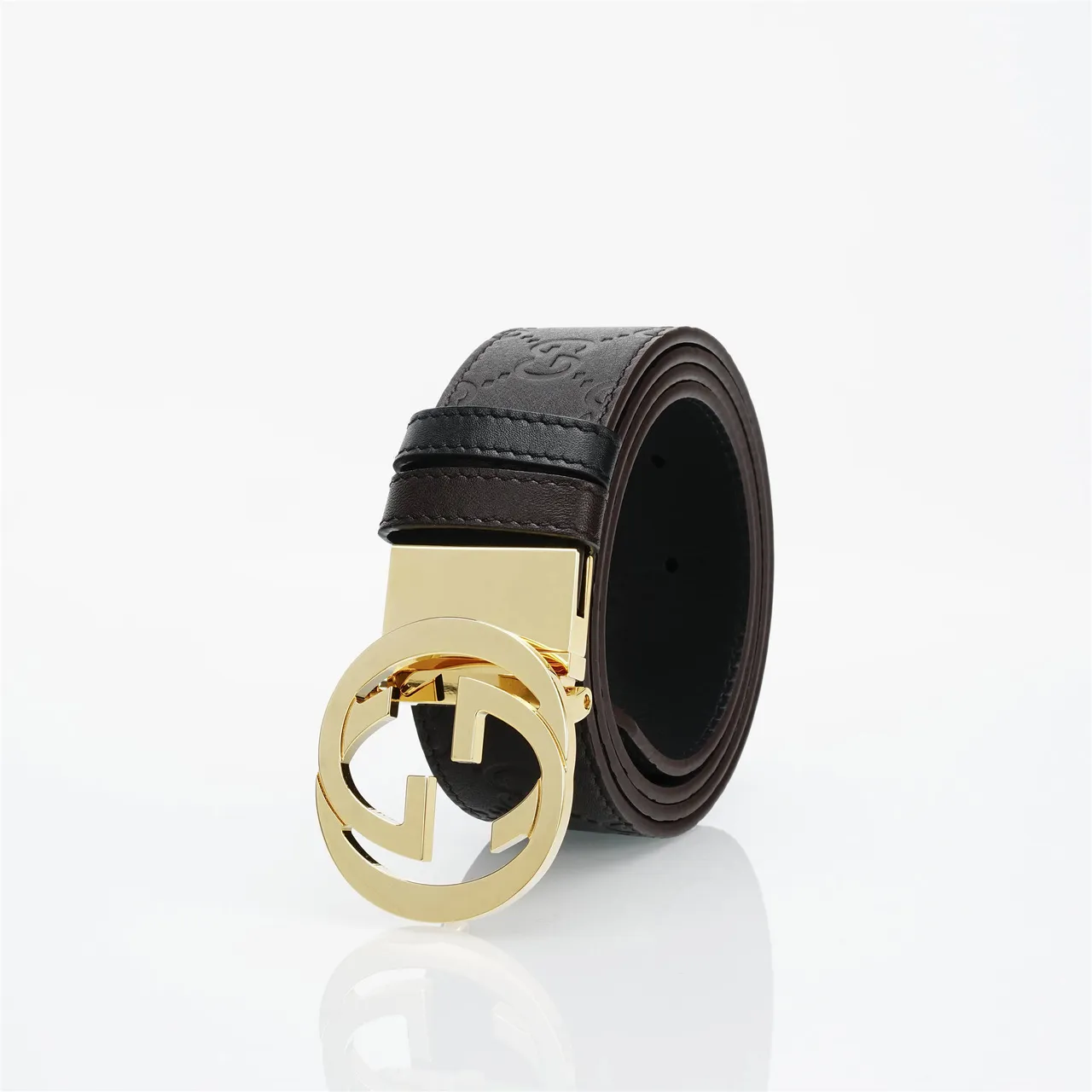 Gucci Double G Brown Gold Embossed GG Monogram Interlocking Buckle Leather Belt 6