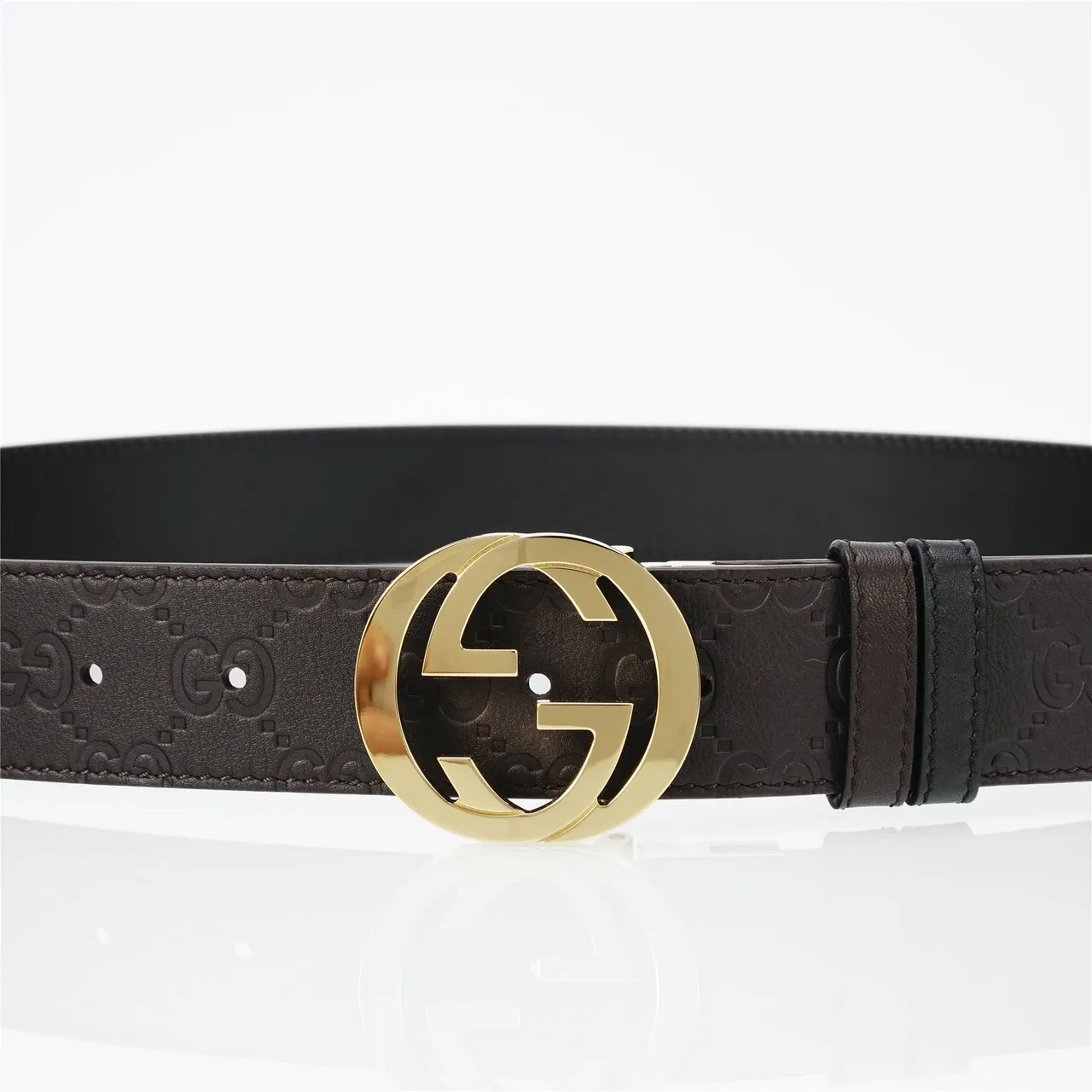 Gucci Double G Brown Gold Embossed GG Monogram Interlocking Buckle Leather Belt 8