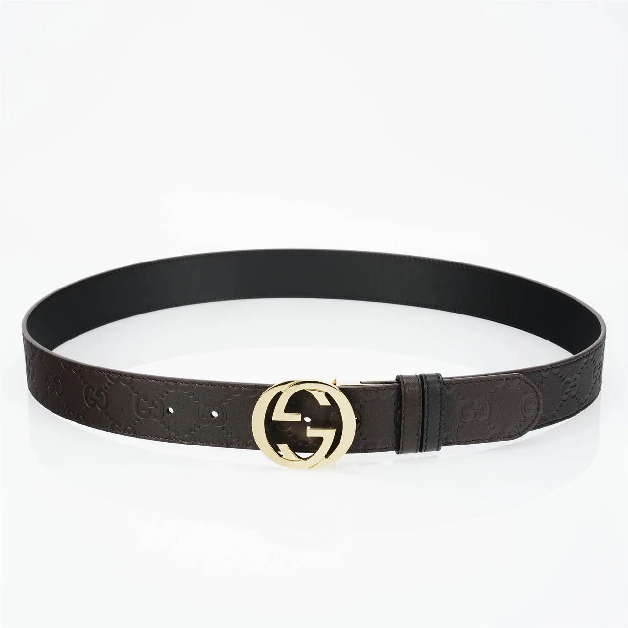 Gucci Double G Brown Gold Embossed GG Monogram Interlocking Buckle Leather Belt 9