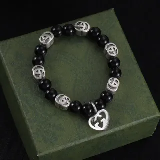 Gucci Double G Logo Beaded Black and Silver Bracelet
