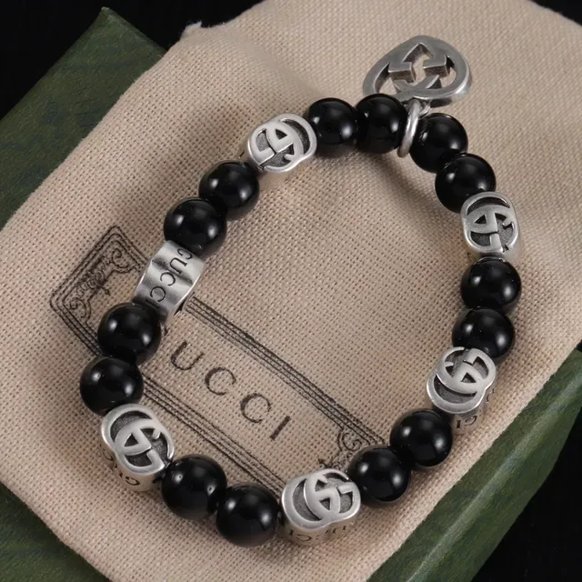 Gucci Double G Logo Beaded Black and Silver Bracelet 2