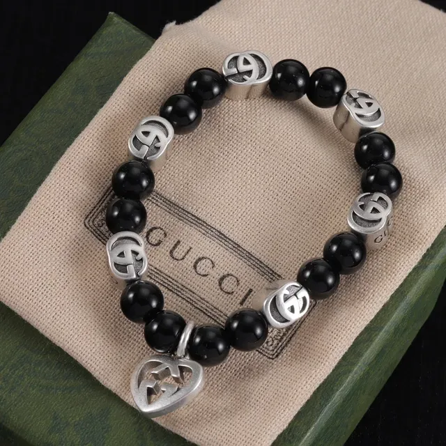 Gucci Double G Logo Beaded Black and Silver Bracelet 3