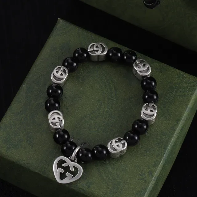 Gucci Double G Logo Beaded Black and Silver Bracelet 4