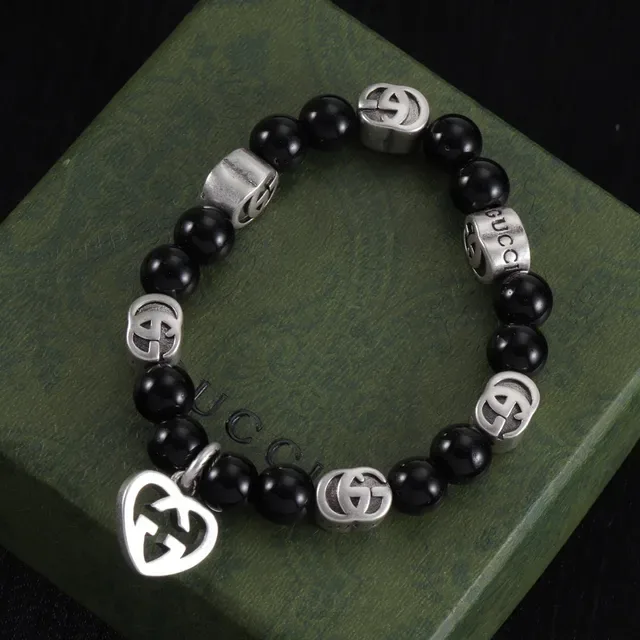 Gucci Double G Logo Beaded Black and Silver Bracelet 5