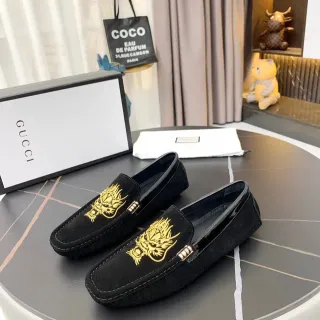 Gucci Dragon Embroidery Black Gold Suede Loafer