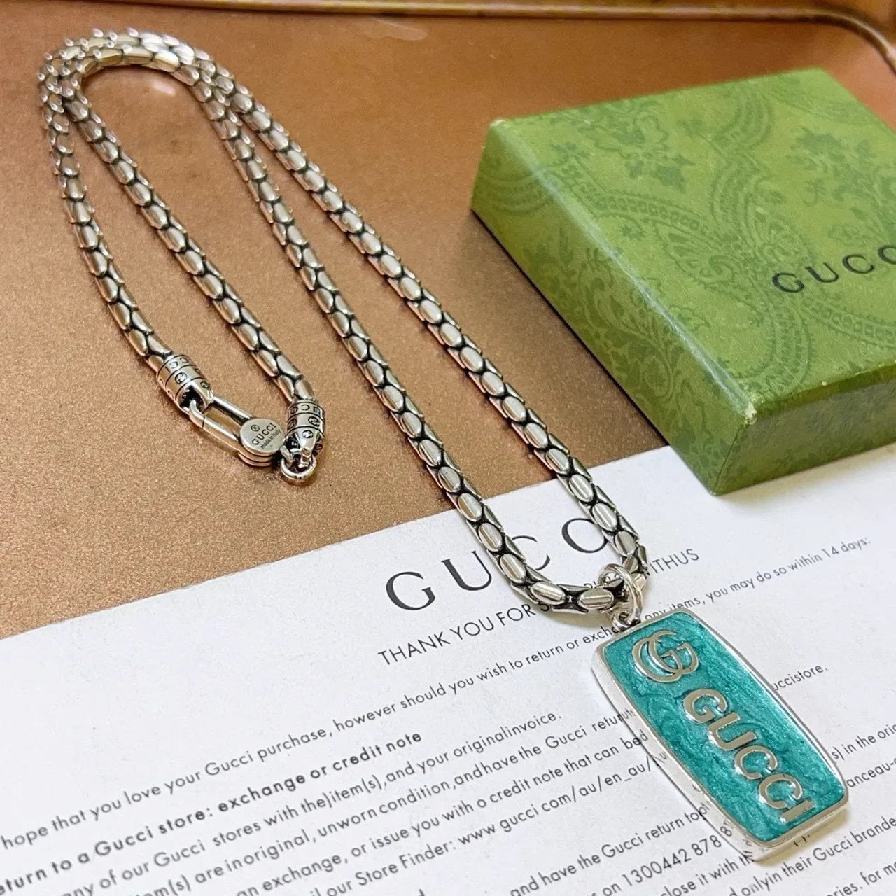 Gucci Enamel Tag Pendant Silver Green Snake-Link Chain Necklace 1