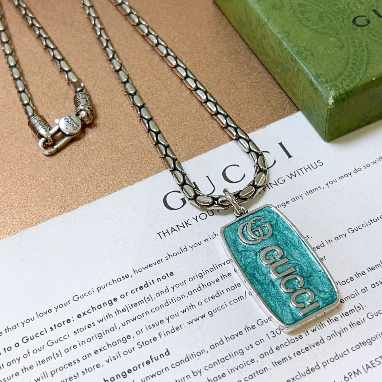 Gucci Enamel Tag Pendant Silver Green Snake-Link Chain Necklace 2