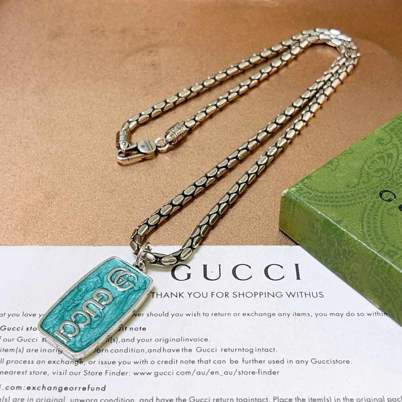 Gucci Enamel Tag Pendant Silver Green Snake-Link Chain Necklace 6