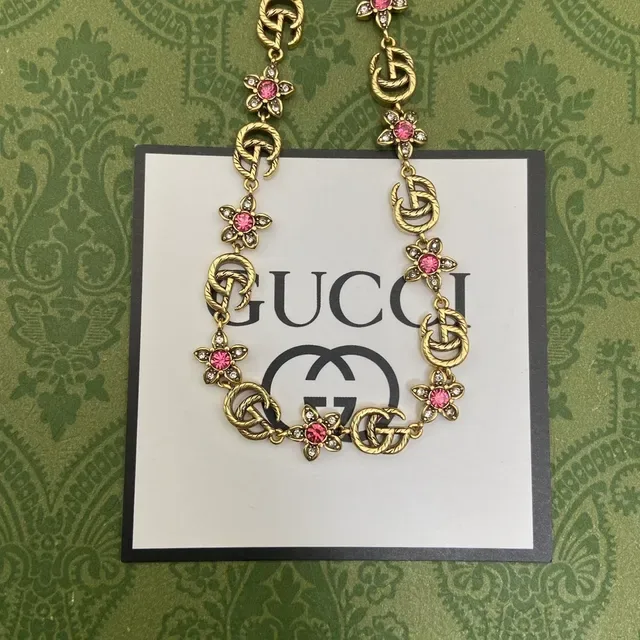 Gucci Flora Gold Pink Chain Interlocking G Links Necklace 4