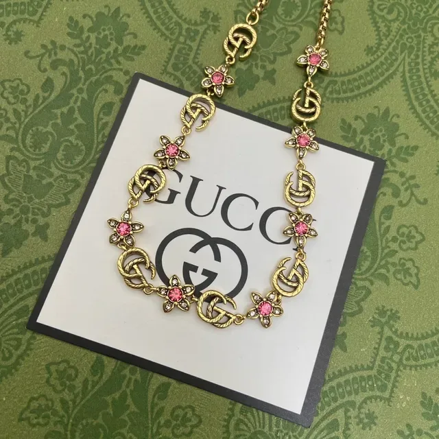 Gucci Flora Gold Pink Chain Interlocking G Links Necklace 5