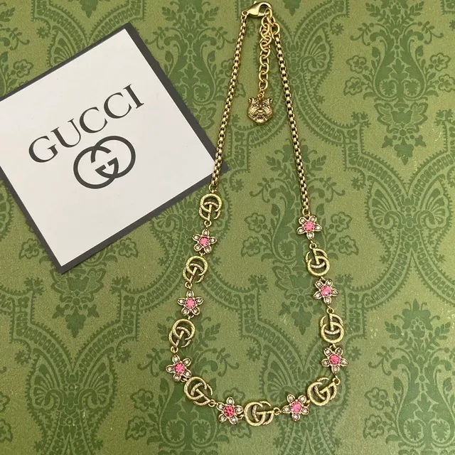 Gucci Flora Gold Pink Chain Interlocking G Links Necklace 6