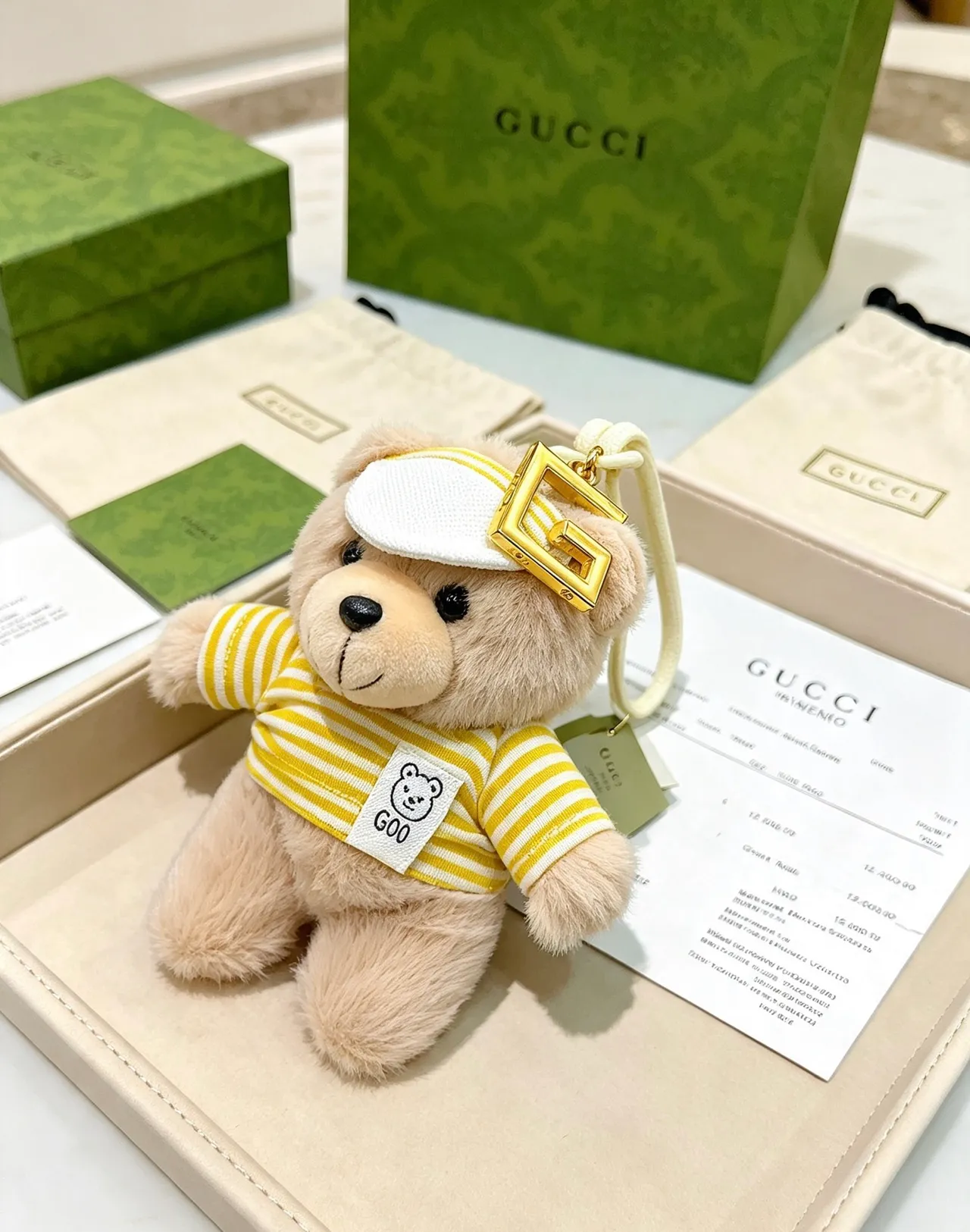 Gucci G.O.O. Beige Yellow Plush Teddy Bear Striped Knit Top Handbag 6