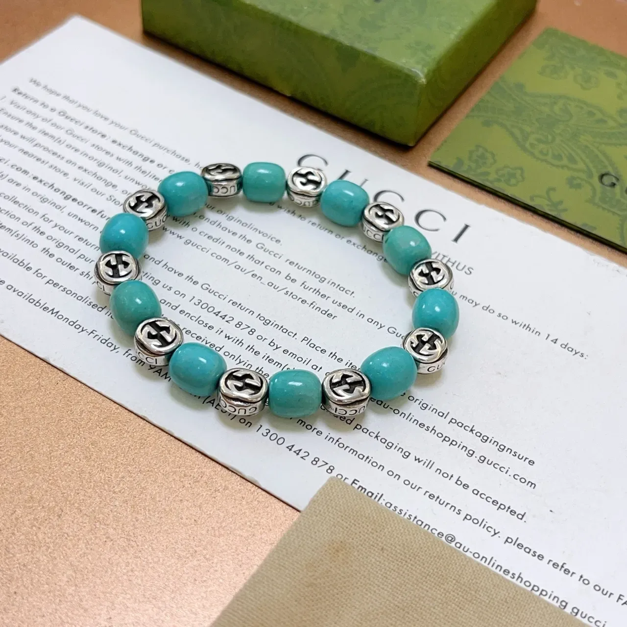 Gucci GG Marmont Beads Turquoise and Silver-Tone Bracelet 2