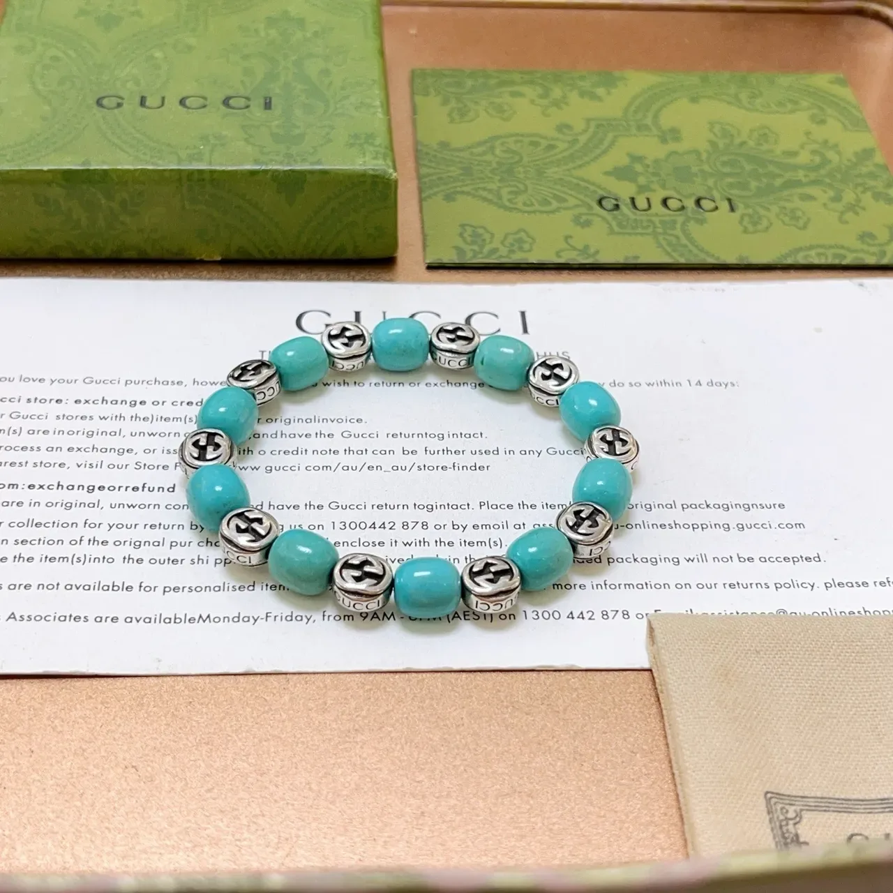 Gucci GG Marmont Beads Turquoise and Silver-Tone Bracelet 3
