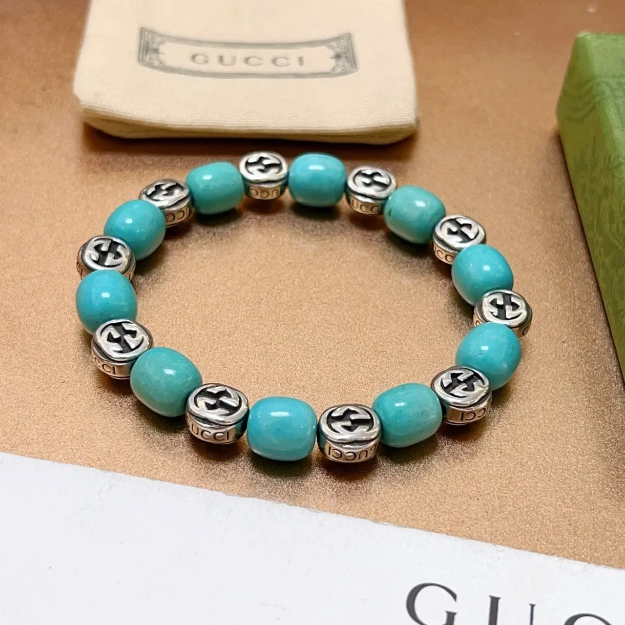 Gucci GG Marmont Beads Turquoise and Silver-Tone Bracelet 5