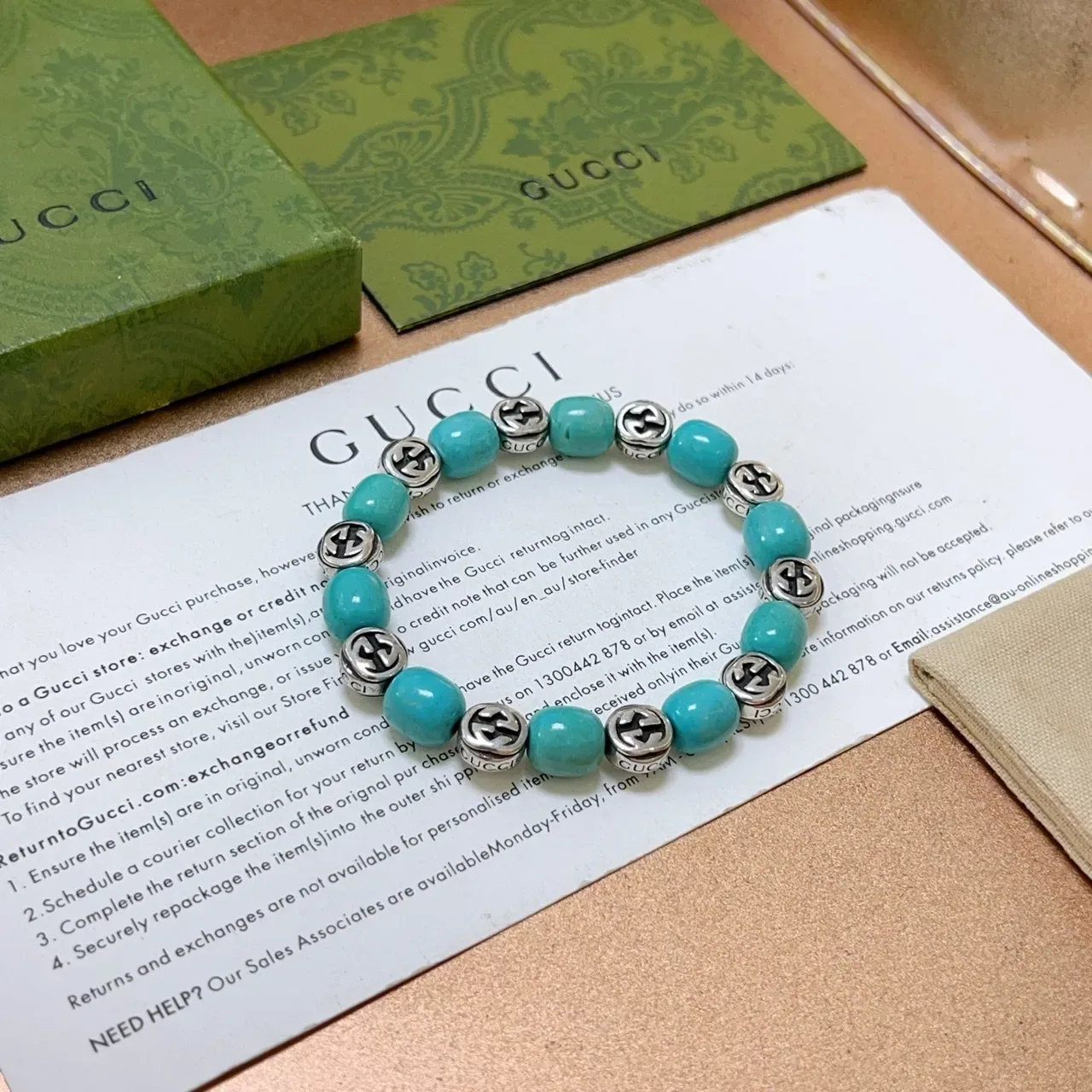 Gucci GG Marmont Beads Turquoise and Silver-Tone Bracelet 6