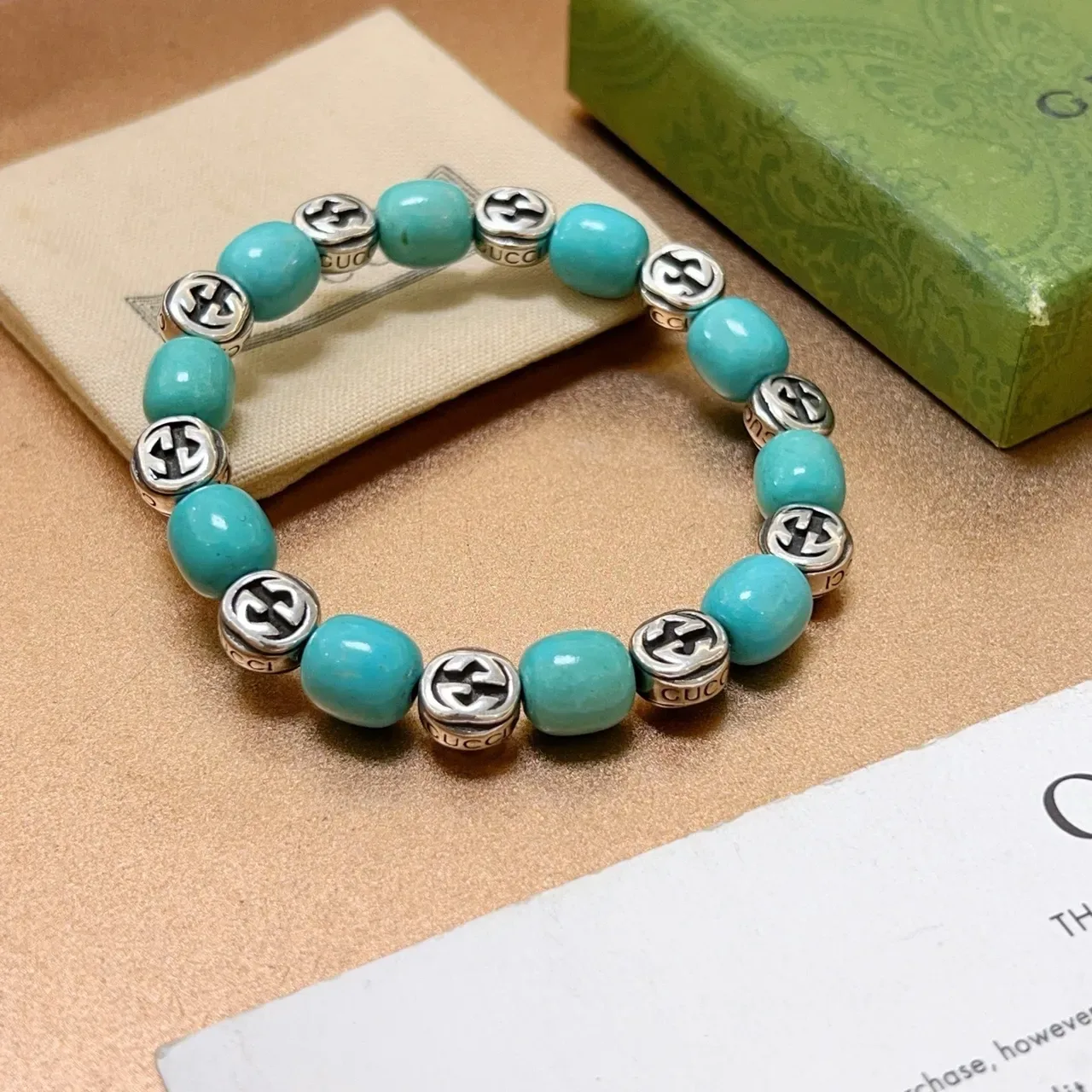 Gucci GG Marmont Beads Turquoise and Silver-Tone Bracelet 9