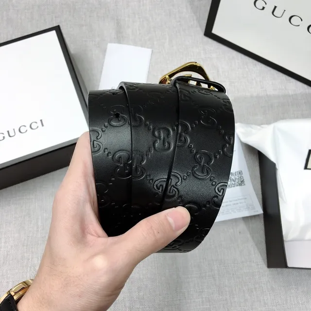 Gucci GG Marmont Ceinture en cuir noir or monogramme embossé boucle G entrelacée 2