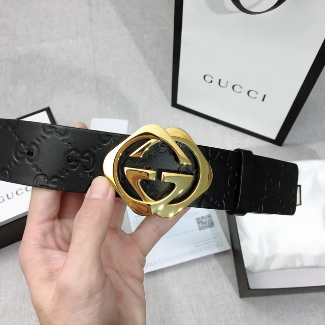 Gucci GG Marmont Ceinture en cuir noir or monogramme embossé boucle G entrelacée 4