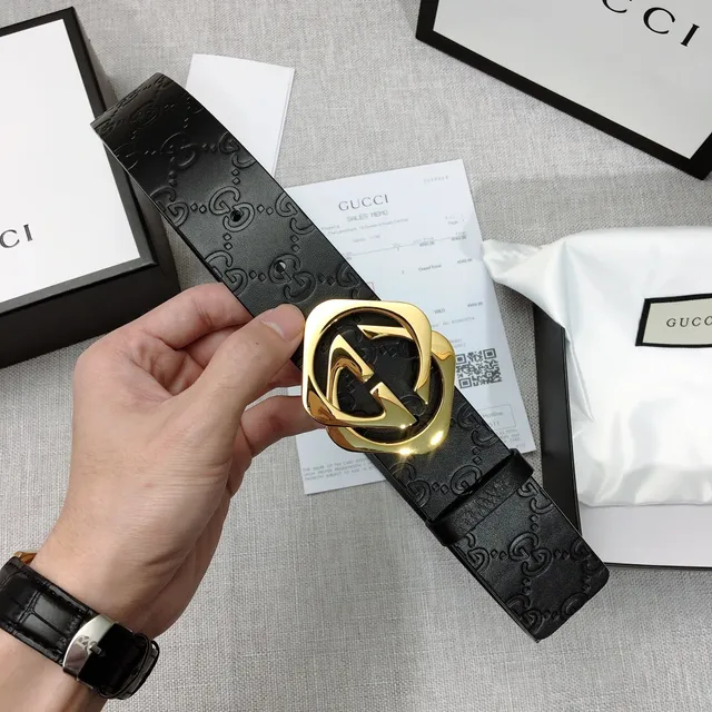 Gucci GG Marmont Ceinture en cuir noir or monogramme embossé boucle G entrelacée 5