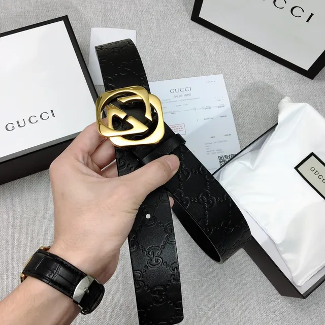 Gucci GG Marmont Ceinture en cuir noir or monogramme embossé boucle G entrelacée 6