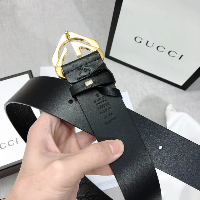 Gucci GG Marmont Ceinture en cuir noir or monogramme embossé boucle G entrelacée 7