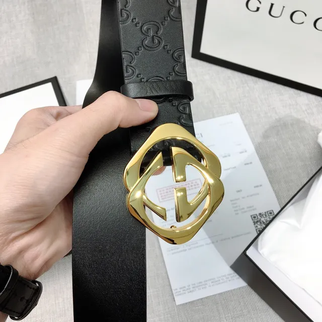 Gucci GG Marmont Ceinture en cuir noir or monogramme embossé boucle G entrelacée 8