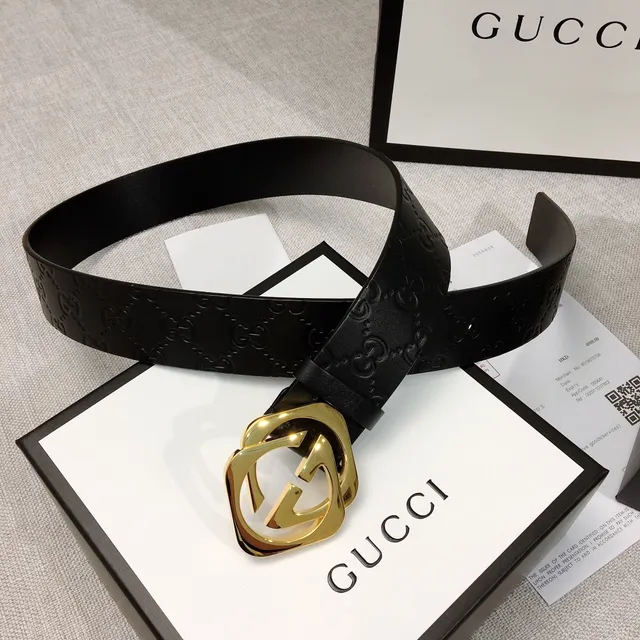 Gucci GG Marmont Ceinture en cuir noir or monogramme embossé boucle G entrelacée 9