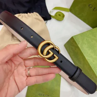 Gucci GG Marmont Black Gold Interlocking Double G Buckle Smooth Leather Belt
