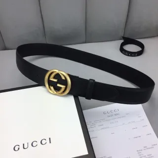 Gucci GG Marmont Black Gold Interlocking G Buckle Smooth Leather Belt