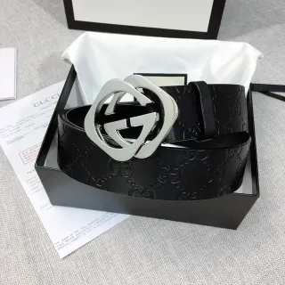 Gucci GG Marmont Black Silver Embossed Monogram Interlocking G Buckle Leather Belt